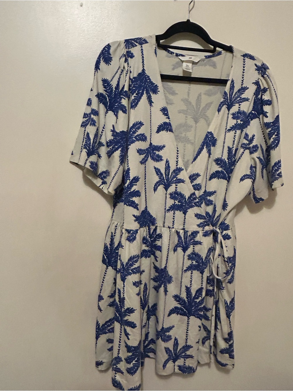 H&M Cream and Blue Palm-Print Cotton Wrap Mini Dress Sz XL